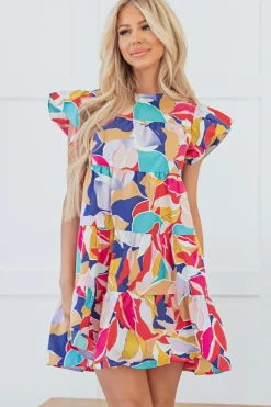 Online Dear-Lover Abstract Printed Ruffled Flutter Sleeve Tiered Mini Dress Pink