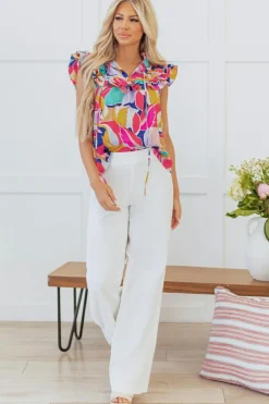 Clearance Dear-Lover Abstract Printed Ruffled Flutter Sleeve Tied Split V Neck Blouse Pink