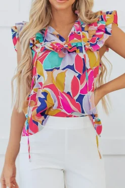 Clearance Dear-Lover Abstract Printed Ruffled Flutter Sleeve Tied Split V Neck Blouse Pink
