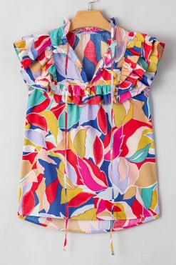 Clearance Dear-Lover Abstract Printed Ruffled Flutter Sleeve Tied Split V Neck Blouse Pink