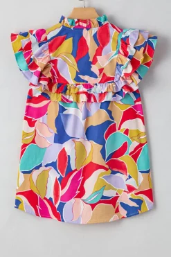 Clearance Dear-Lover Abstract Printed Ruffled Flutter Sleeve Tied Split V Neck Blouse Pink