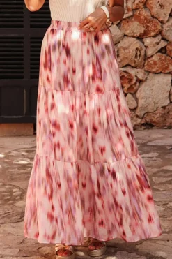 New Dear-Lover Abstract Watercolor Tie Dye Tiered Maxi Skirt Pink