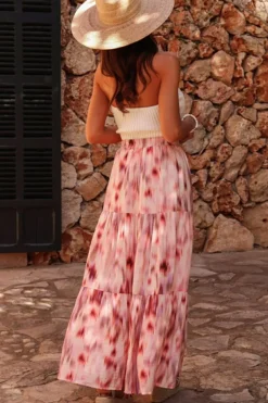New Dear-Lover Abstract Watercolor Tie Dye Tiered Maxi Skirt Pink