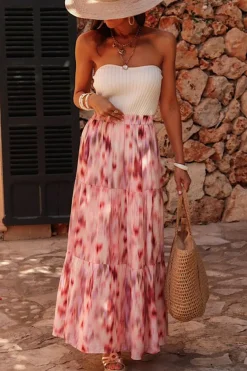 New Dear-Lover Abstract Watercolor Tie Dye Tiered Maxi Skirt Pink