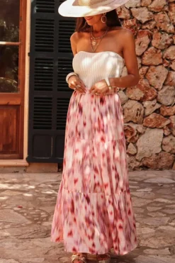 New Dear-Lover Abstract Watercolor Tie Dye Tiered Maxi Skirt Pink