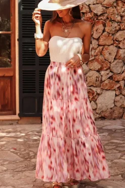 New Dear-Lover Abstract Watercolor Tie Dye Tiered Maxi Skirt Pink
