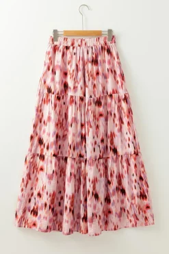 New Dear-Lover Abstract Watercolor Tie Dye Tiered Maxi Skirt Pink