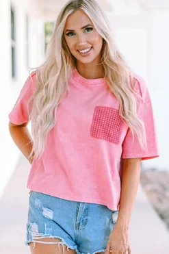 Sale Dear-Lover Acid Wash Lace Patch Pocket T-Shirt Pink