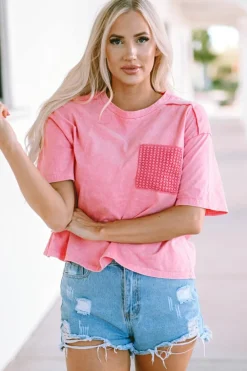 Sale Dear-Lover Acid Wash Lace Patch Pocket T-Shirt Pink