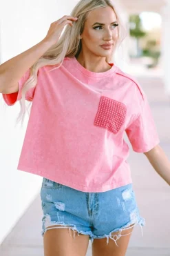 Sale Dear-Lover Acid Wash Lace Patch Pocket T-Shirt Pink
