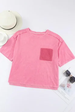 Sale Dear-Lover Acid Wash Lace Patch Pocket T-Shirt Pink