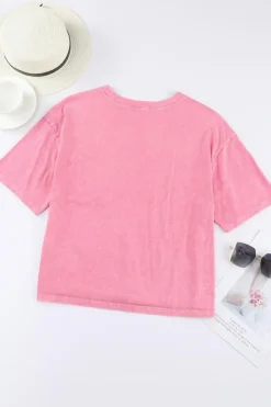 Sale Dear-Lover Acid Wash Lace Patch Pocket T-Shirt Pink