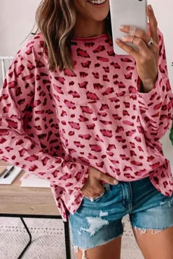 Clearance Dear-Lover Animal Print Stitching Loose Long Sleeve Top Pink