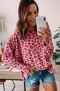 Clearance Dear-Lover Animal Print Stitching Loose Long Sleeve Top Pink