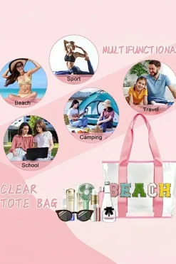 Clearance Dear-Lover BEACH Chenille Patched Large Clear PVC Shoulder Bag Pink