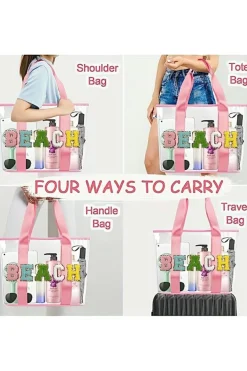 Clearance Dear-Lover BEACH Chenille Patched Large Clear PVC Shoulder Bag Pink