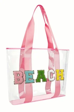 Clearance Dear-Lover BEACH Chenille Patched Large Clear PVC Shoulder Bag Pink
