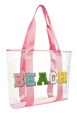 Clearance Dear-Lover BEACH Chenille Patched Large Clear PVC Shoulder Bag Pink