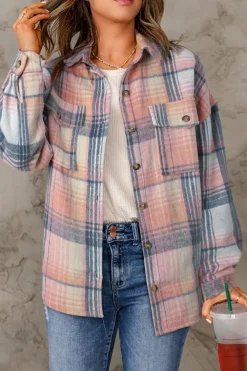 New Dear-Lover Black/ Plaid Flap Pockets Shacket Pink
