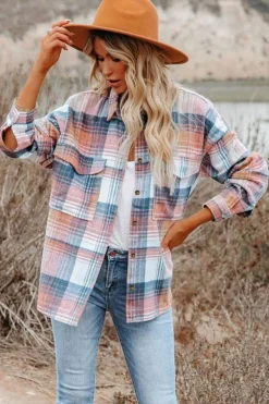 New Dear-Lover Black/ Plaid Flap Pockets Shacket Pink