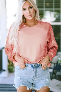 Fashion Dear-Lover Bleached Round Neck Pullover Sweatshirt Pink