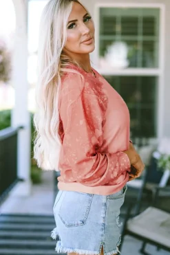 Fashion Dear-Lover Bleached Round Neck Pullover Sweatshirt Pink