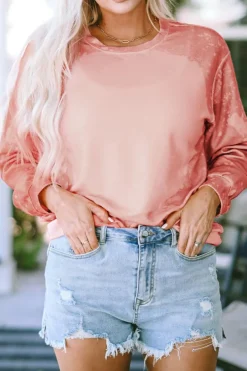 Fashion Dear-Lover Bleached Round Neck Pullover Sweatshirt Pink