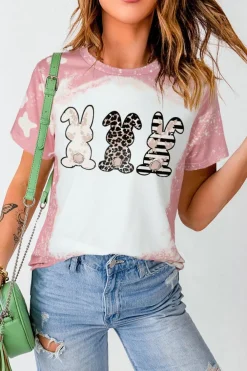 Sale Dear-Lover Bleached Tie-dye Easter Rabbits Graphic T Shirt Pink