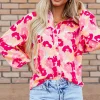 Outlet Dear-Lover Blooming Floral Print Puff Sleeve Buttoned Shirt Pink
