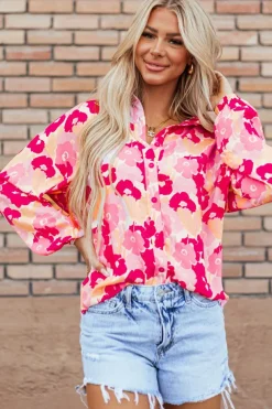 Outlet Dear-Lover Blooming Floral Print Puff Sleeve Buttoned Shirt Pink