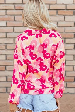 Outlet Dear-Lover Blooming Floral Print Puff Sleeve Buttoned Shirt Pink