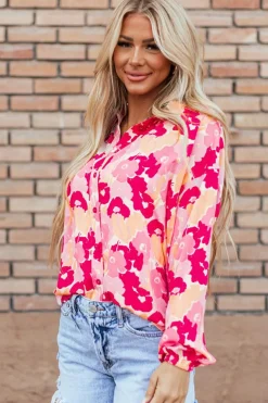 Outlet Dear-Lover Blooming Floral Print Puff Sleeve Buttoned Shirt Pink