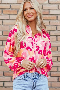 Outlet Dear-Lover Blooming Floral Print Puff Sleeve Buttoned Shirt Pink