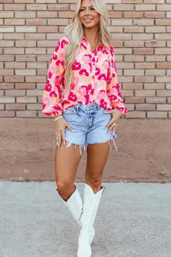 Outlet Dear-Lover Blooming Floral Print Puff Sleeve Buttoned Shirt Pink