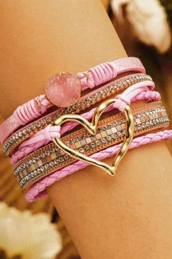 Outlet Dear-Lover Bohemian Heart Rhinestone Magnetic Buckle Bracelet Pink