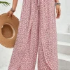 Discount Dear-Lover Bohemian Print Slit Wide Leg Smocked High Waist Pants Pink