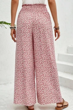 Discount Dear-Lover Bohemian Print Slit Wide Leg Smocked High Waist Pants Pink