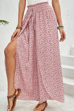 Discount Dear-Lover Bohemian Print Slit Wide Leg Smocked High Waist Pants Pink