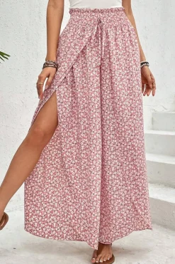 Discount Dear-Lover Bohemian Print Slit Wide Leg Smocked High Waist Pants Pink