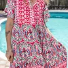 Discount Dear-Lover Bohemian Print Tie Neck Ruffle Hem Short Dress Pink
