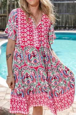 Discount Dear-Lover Bohemian Print Tie Neck Ruffle Hem Short Dress Pink