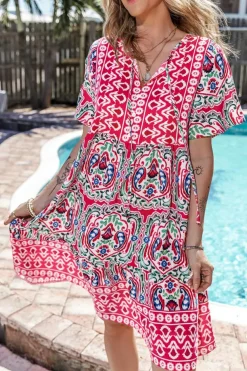 Discount Dear-Lover Bohemian Print Tie Neck Ruffle Hem Short Dress Pink