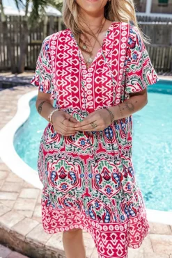Discount Dear-Lover Bohemian Print Tie Neck Ruffle Hem Short Dress Pink