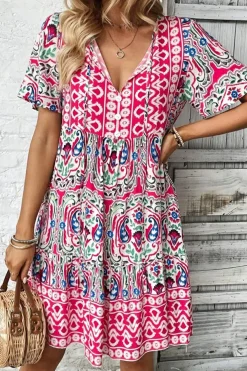 Discount Dear-Lover Bohemian Print Tie Neck Ruffle Hem Short Dress Pink