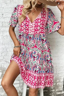 Discount Dear-Lover Bohemian Print Tie Neck Ruffle Hem Short Dress Pink