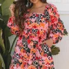 Online Dear-Lover Bohemian Square Neck Puff Sleeve Mini Dress Pink