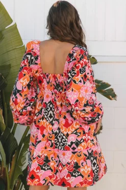 Online Dear-Lover Bohemian Square Neck Puff Sleeve Mini Dress Pink