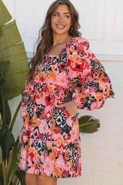 Online Dear-Lover Bohemian Square Neck Puff Sleeve Mini Dress Pink