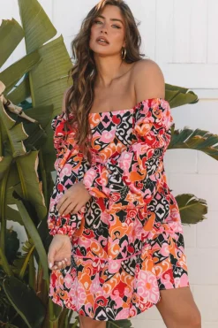 Online Dear-Lover Bohemian Square Neck Puff Sleeve Mini Dress Pink