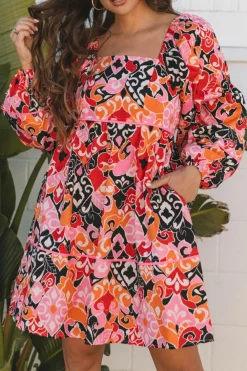 Online Dear-Lover Bohemian Square Neck Puff Sleeve Mini Dress Pink
